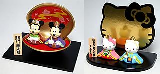 Ohina-sama dolls of Mickey Mouse and Hello Kitty