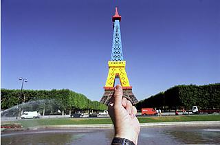 A colorful Tour Eiffel stands in for Paris’ most famous monument