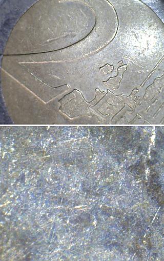 2 euros coin. Up: 20x magnification. Down: 400x magnification