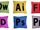 Pillows featuring the icons computer applications such as Illustrator, Dreamweaver, Flash...