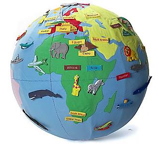A cushy cloth earth globe with fabric stickers